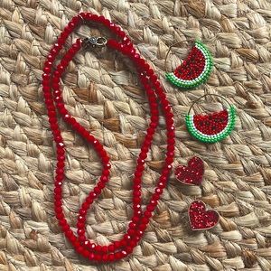 Red Valentine heart earrings necklace